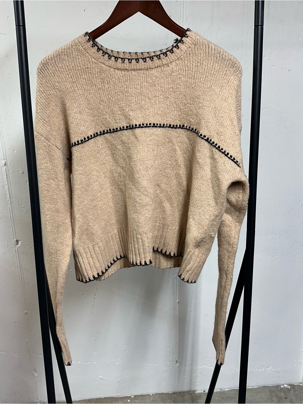 Beige Crewneck Sweater with Black Contrast Trim